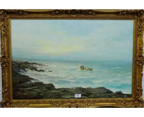 Alfred Allan  'Seascape and Fishing Boat' Oil-on-Canvas,  signed, in an ornate gilt wood frame, 74 x 49cm 