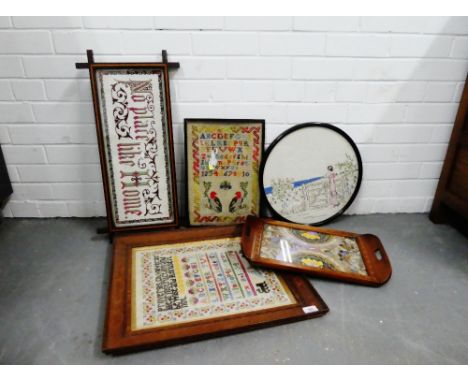 Collection of four framed tapestry panels, together with a butterfly bird tray, (5) 