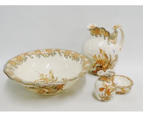 Doulton Burslem 'Iris' patterned toilet set comprising basin, ewer, vase, soap dish and drainer