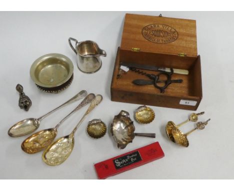 A mixed lot to include a vintage corkscrew, Epns berry spoons, silver ladle (a/f) and a Swan fountain pen, etc (a lot) 