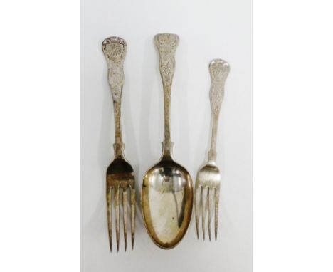 Victorian Scottish silver Queens pattern table fork, dessert fork and table spoon by Hamilton &amp; Inches, Edinburgh 1898 (3