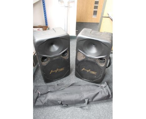 A Soundlab 300 watt amplifier with speakers and stands 