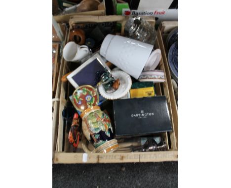 A crate of Dartington crystal, china, ornaments, cloisonne dish, marble rolling pin etc 