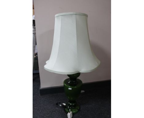A green glass table lamp together with an oak barometer 