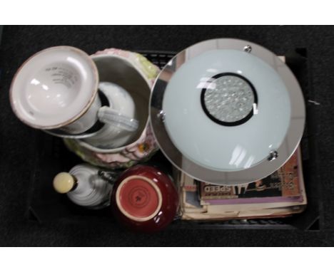 Two crates of silver plated items, Wade decanter, ceiling light, sheet music etc 