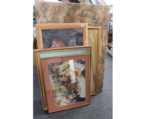 A quantity of pictures and prints, large tapestry, Egyptian style print etc 
