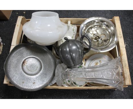 A crate of glass light shade, silver plated items, tea china etc 
