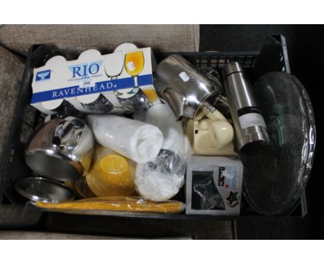 A box of cream bakelite telephone, BT telephone, kitchen ware, stainless flask etc 