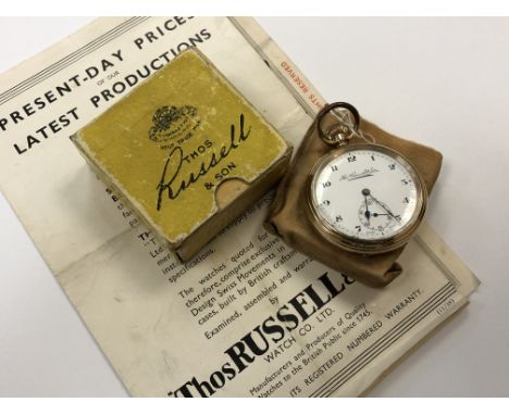 A Thomas Russell &amp; Son gold plated open faced pocket watch, in original box CONDITION REPORT: Winds and runs. 