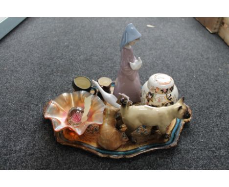A tray of Lladro goose, two Doulton character pots, Nao girl etc 