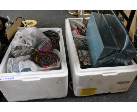 Two boxes of electrical cable, box of tools, metal tool box, joiner's foles, battery charger etc 