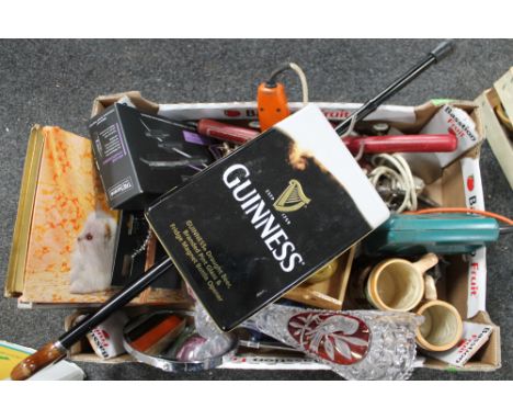 A crate of hand tools, crystal vase, costume jewellery etc 