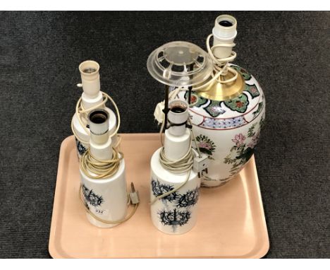 Three Royal Copenhagen porcelain table lamps and an oriental table lamp (continental wiring)