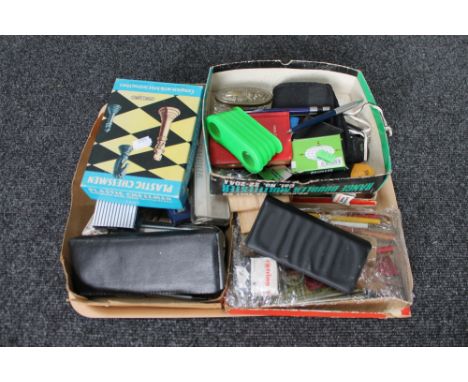 A tray of stationary items, calculator ruler, protractor etc 