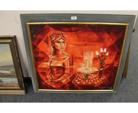 Continental school, oil on canvas, lady by a lamp 