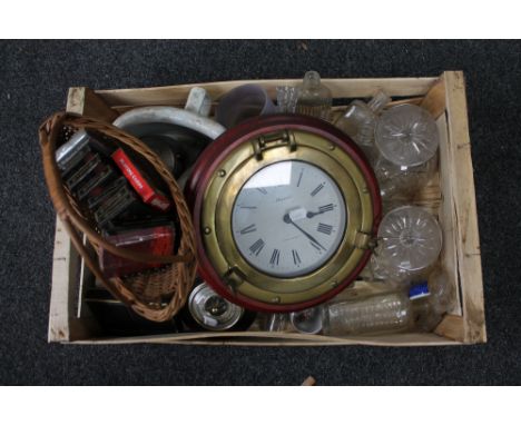 A crate of reproduction marine clock, barometer, playing cards, cut glass etc 