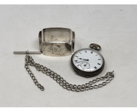 A silver open face pocket watch, a silver Albert chain with T-bar and a silver napkin ring (3)