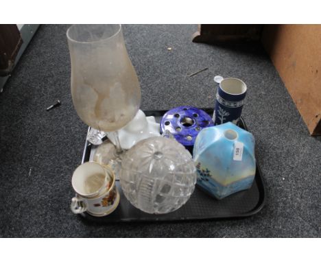 A tray of Wedgwood vase, glass light shade, large glass vase etc 