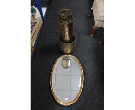 A gilt framed mirror together with a copper pot, brass stick pot etc 