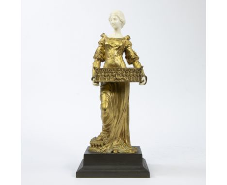 Gilt bronze sculpture with ivory hands and head (chryselephantine) of probably Joan of Arc with Gothic shrine on black patina