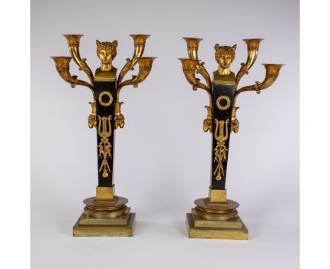 Claude François RABIAT (1756-1815), two matching four-armed gilt and patinated bronze Empire candelabra with Mercure bust and