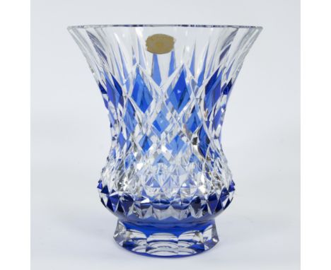 VAL SAINT LAMBERT colourless and blue cut crystal vase with diamond motif cut decoration, with original label and signed bott