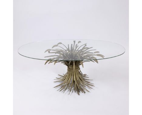 Vintage coffee table Coco Chanel style, gilt iron base, composed of many ears of corn held by a rope, glass table top, 1970sV