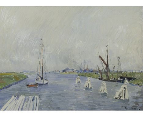 Paul MATHIEU (1872-1932), oil on panel Channel with sailboat and palisades, signedPaul MATHIEU (1872-1932), olie op paneel Ka