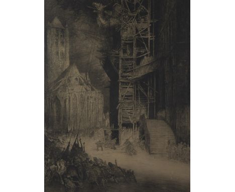 Jules DE BRUYCKER (1870-1945), etching Le montage du dragon sur le beffroi de Gand, numbered 12/125 and signedJules DE BRUYCK