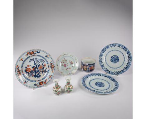 Chinese porcelain, Imari plate and bowl, famille rose plate, 2 blue and white plates and pair of small famille rose vases 18t