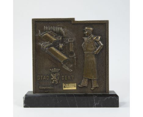 Bronze plaque presented by Stad gent to Mr René De Groote, a caricature drawing, 2 silver-plated buckets and 2 black-and-whit