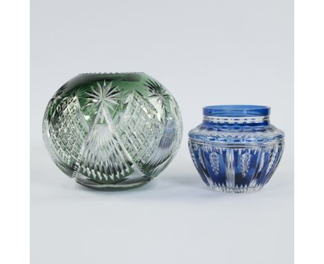 Val Saint Lambert green and clear cut crystal ball vase and blue and clear cut crystal picque-fleursVal Saint Lambert groen e