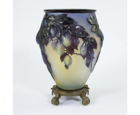 Émile GALLÉ (1846-1904), France, stunning beautiful matt vase on bronze base, yellow, blue and mauve colour powders, cameo tw