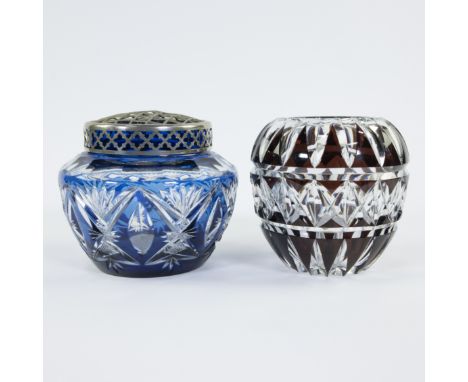 Val Saint Lambert, picque fleurs in blue and colourless cut crystal and vase in bordeaux and colourless cut crystalVal Saint 