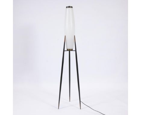 Vintage floor lamp on 3 legs with white glass shade, Scandinavian designVintage staanlamp op 3 poten met witglazen kap, Scand