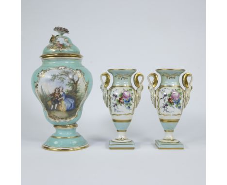 Pair of hand-painted Empire vases, Limoges and 19th century hand-painted lidded vase, Meissen, markedKoppel handbeschilderde 