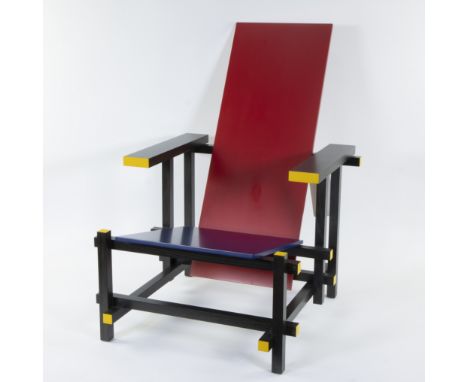 The Red-blue or the Rietveld chair, made of beech wood with the typical red, blue, yellow and black colours, produced by Ital