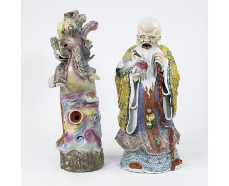 2 porcelain Chinese figures, Lao Tse with long sleeves, peach and staff, with four characters impressed mark, Mao Ji Sheng Za