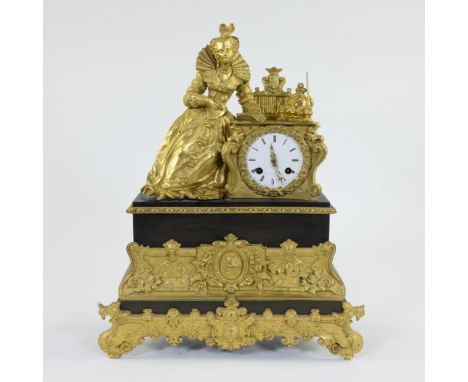Large Charles dix mantel clock , 19th century, black marble with ormolu decorations and seated lady with pen and paper, marke