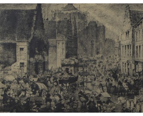 Jules DE BRUYCKER (1870-1945), etching Un jour de marché à Gand, signedJules DE BRUYCKER (1870-1945), ets Un jour de marché à