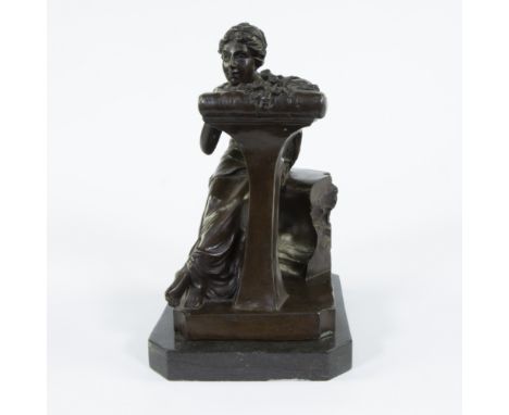 Pierre-Jules MÈNE (1810-1879) (attributed), patinated bronze statue of a dreaming young woman on a black marble plinth, illeg