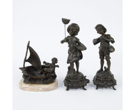 Auguste MOREAU (1834-1917), couple of children, boy and girl, signedadded bronze boat with angel on marble plinthAuguste MORE