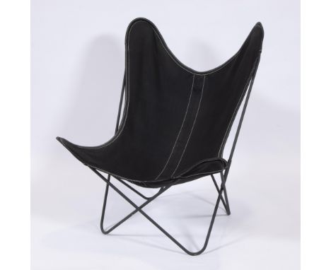 Butterfly or AA armchair with black lacquered metal tubular frame and seat in thick, black-tinted stretched cotton fabric, ci