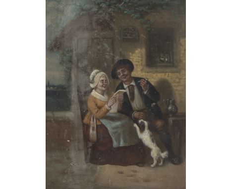Oil on panel Figures reading with dog in the Manner of Adriaen van Ostade, 19th century, monogramOlie op paneel Lezende figur