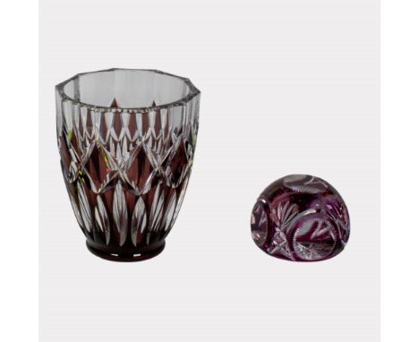 Val Saint Lambert, bordeaux and clear cut crystal vase, pièce unique 1960s and paperweight circa 1925Val Saint Lambert, borde