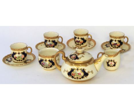 A Locke & Co Worcester hand-painted blush ivory tea serviceComprising teapot, sugar bowl, milk jug, four cups, four saucers, 