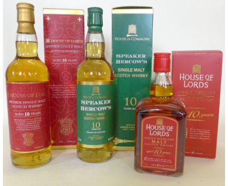 3 bottles mixed lot of Houses of Parliament (Westminster) Malt WhiskyComprising 1 bottle 'House of Lords' Speyside Malt, 1 bo