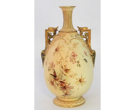 A Royal Worcester blush ivory twin handled vaseHaving hand highlighted decoration depicting insects and foliate, puce factory