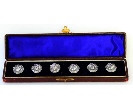 An Edwardian set of six silver Scottish novelty buttonsEach button depicting a Gentleman, wearing a hat and a ruff, cased, po