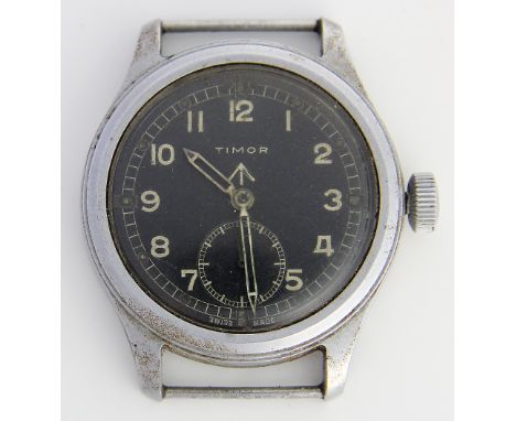 A WWII Timor military WWW wrist watch
With manual wind movement and circular black dial with Arabic numerals and subsidiary s